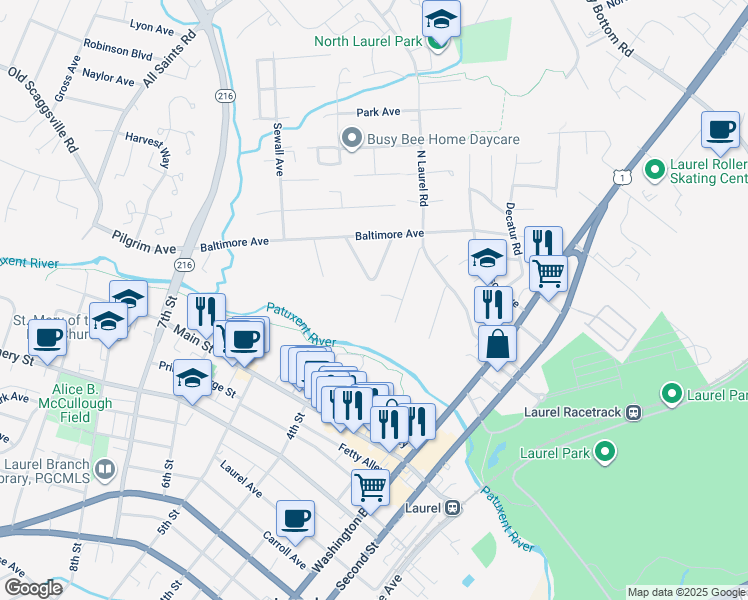 map of restaurants, bars, coffee shops, grocery stores, and more near 9556 Cissell Avenue in Laurel