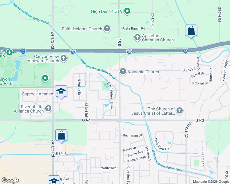 map of restaurants, bars, coffee shops, grocery stores, and more near 2496 Interlochen Court in Grand Junction