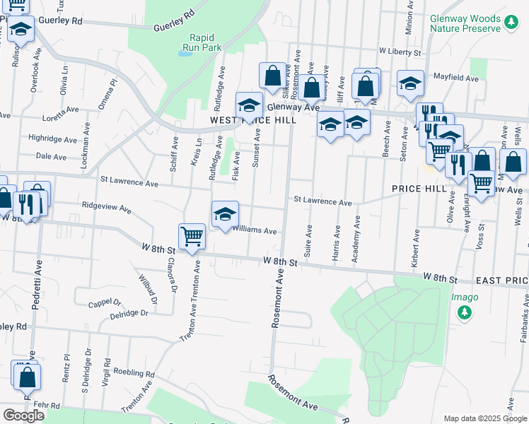 map of restaurants, bars, coffee shops, grocery stores, and more near 4031 Jamestown Street in Cincinnati