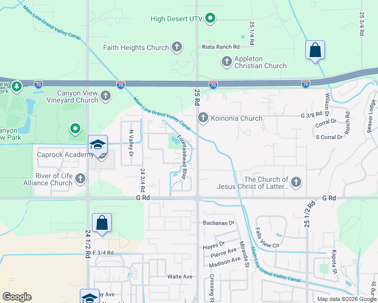 map of restaurants, bars, coffee shops, grocery stores, and more near 2498 Interlochen Court in Grand Junction