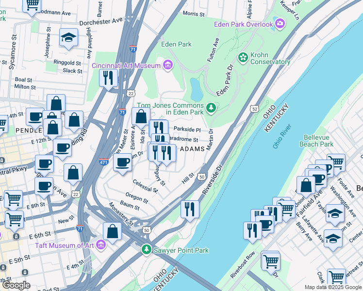 map of restaurants, bars, coffee shops, grocery stores, and more near in Cincinnati