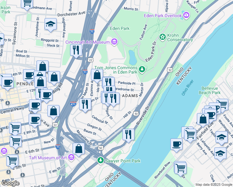 map of restaurants, bars, coffee shops, grocery stores, and more near 958 Hatch Street in Cincinnati