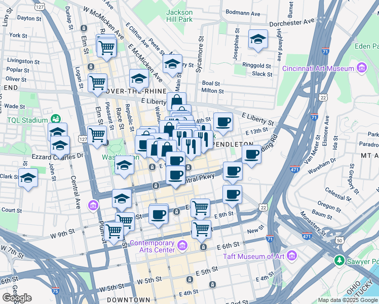 map of restaurants, bars, coffee shops, grocery stores, and more near 1206 Main Street in Cincinnati
