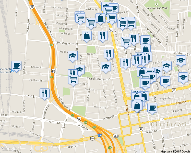 map of restaurants, bars, coffee shops, grocery stores, and more near 600 Ezzard Charles Drive in Cincinnati