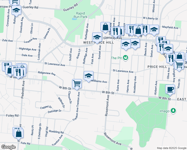 map of restaurants, bars, coffee shops, grocery stores, and more near 4121 Jamestown Street in Cincinnati