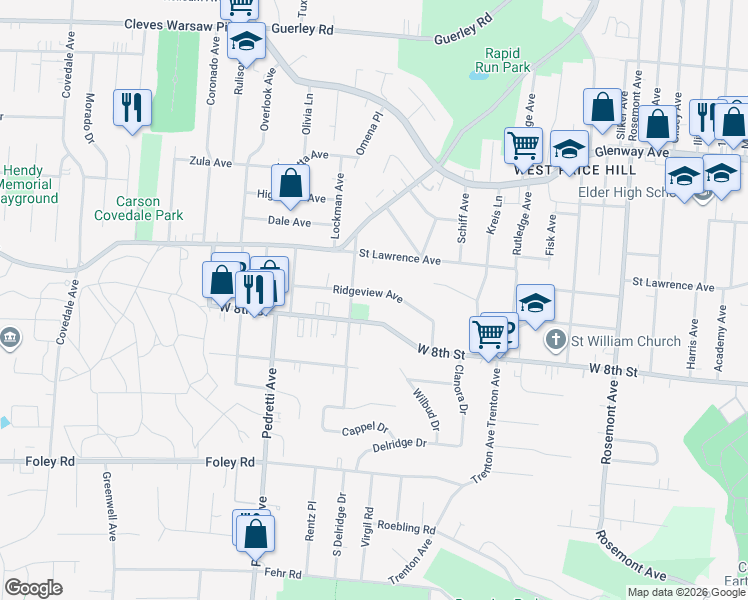 map of restaurants, bars, coffee shops, grocery stores, and more near 4359 Ridgeview Avenue in Cincinnati