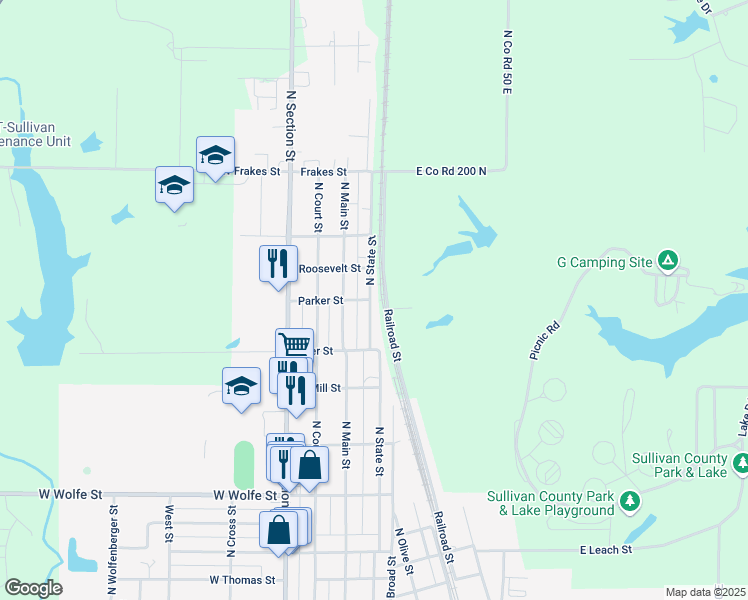map of restaurants, bars, coffee shops, grocery stores, and more near Railroad Street in Sullivan