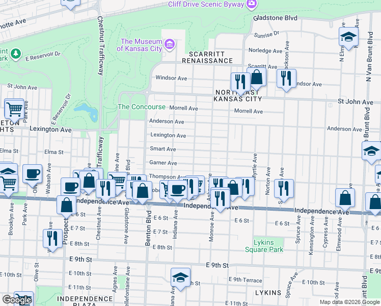 map of restaurants, bars, coffee shops, grocery stores, and more near 400 Bales Avenue in Kansas City