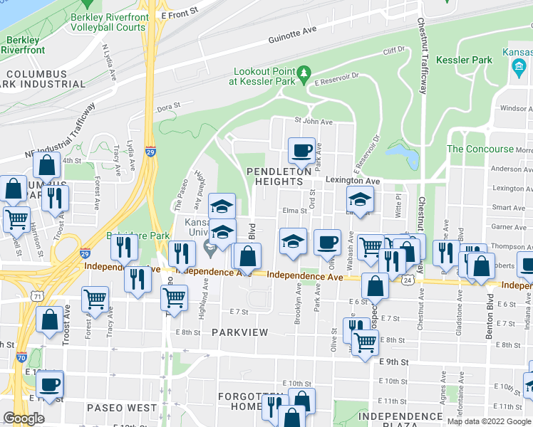 map of restaurants, bars, coffee shops, grocery stores, and more near 344 Garfield Avenue in Kansas City