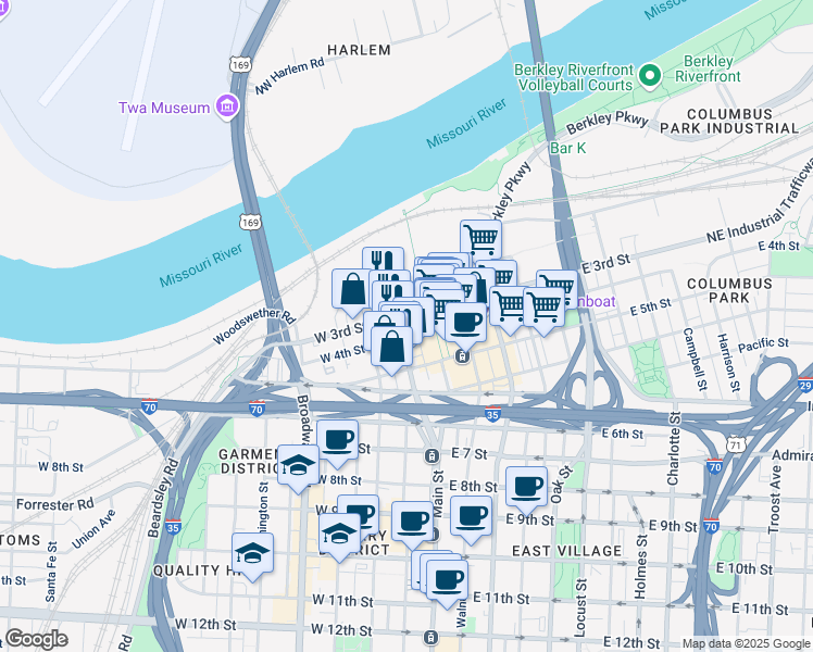 map of restaurants, bars, coffee shops, grocery stores, and more near 303 Delaware Street in Kansas City