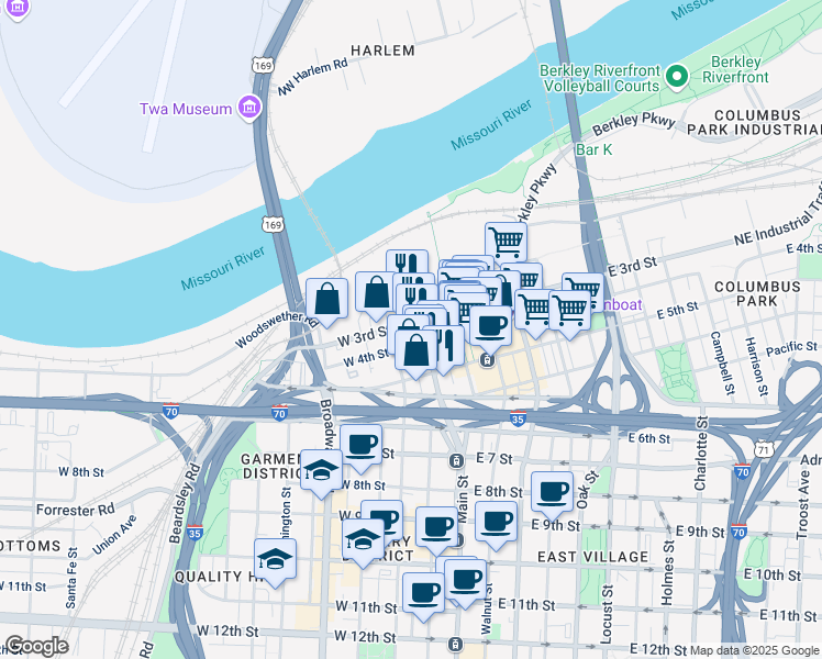 map of restaurants, bars, coffee shops, grocery stores, and more near 114A West 3rd Street in Kansas City
