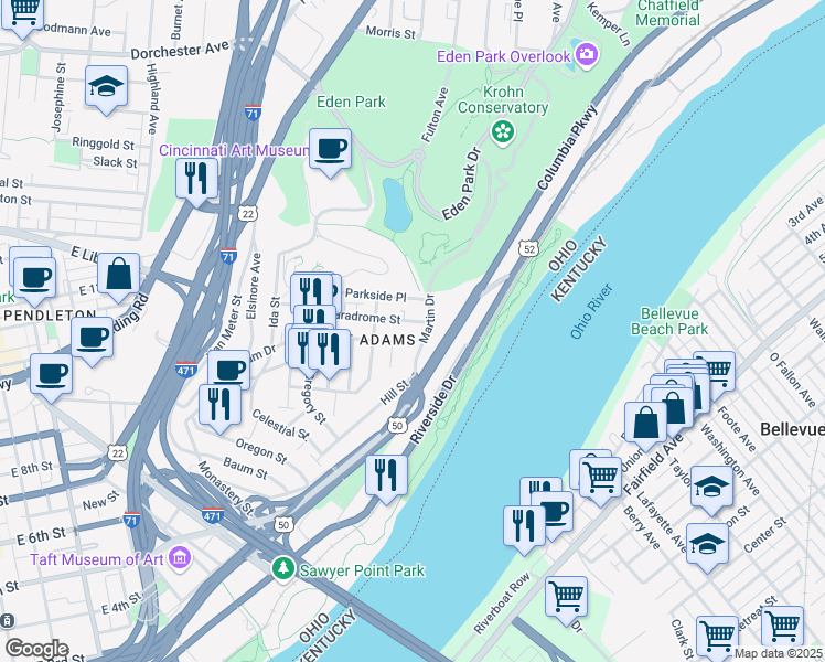 map of restaurants, bars, coffee shops, grocery stores, and more near 1034 Hatch Street in Cincinnati