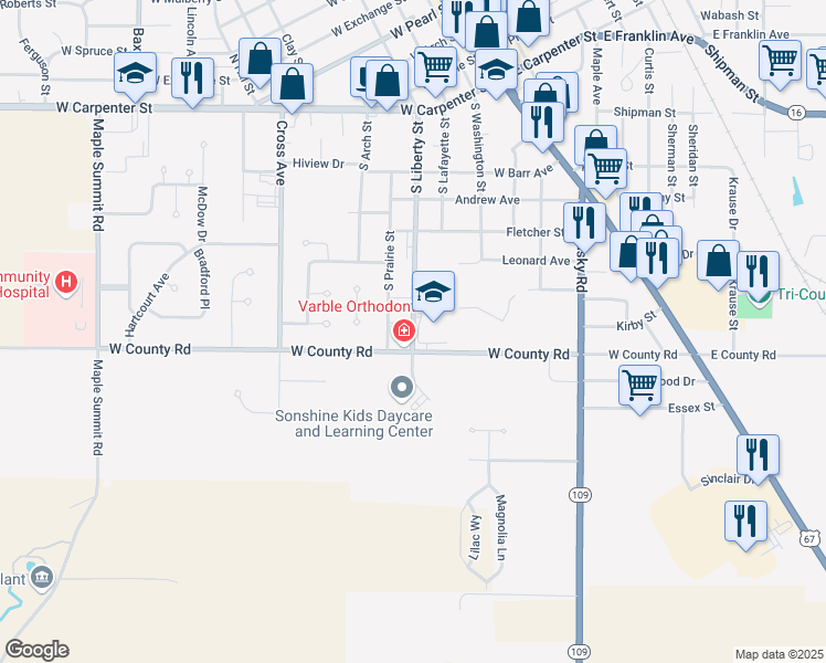 map of restaurants, bars, coffee shops, grocery stores, and more near 1101 South Liberty Street in Jerseyville