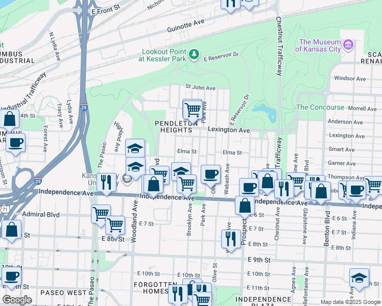 map of restaurants, bars, coffee shops, grocery stores, and more near 400 Brooklyn Avenue in Kansas City