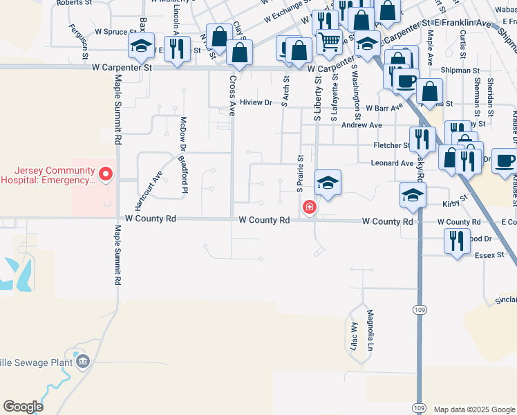map of restaurants, bars, coffee shops, grocery stores, and more near 606 Cross Winds Court in Jerseyville