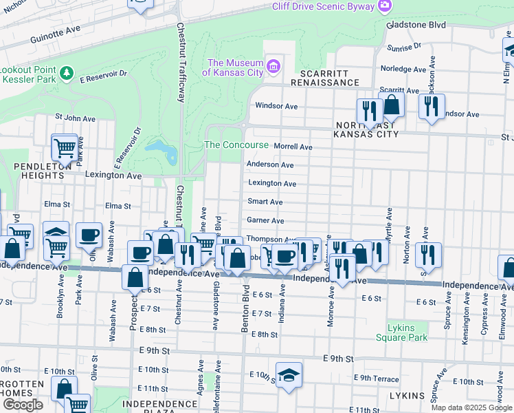 map of restaurants, bars, coffee shops, grocery stores, and more near 3219 Smart Avenue in Kansas City
