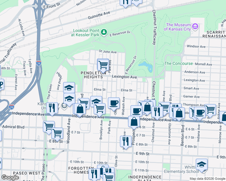 map of restaurants, bars, coffee shops, grocery stores, and more near 335 Park Avenue in Kansas City