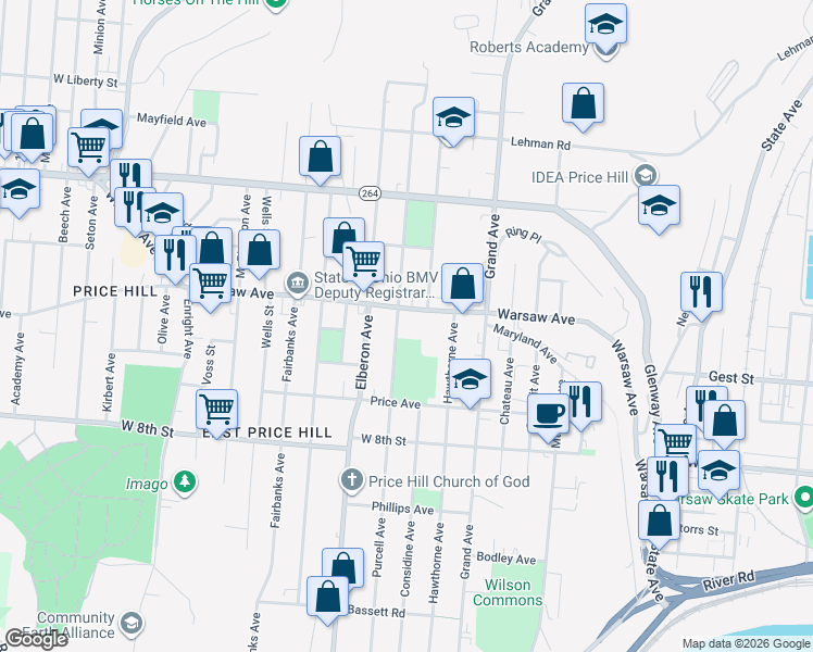 map of restaurants, bars, coffee shops, grocery stores, and more near 3215 Warsaw Avenue in Cincinnati
