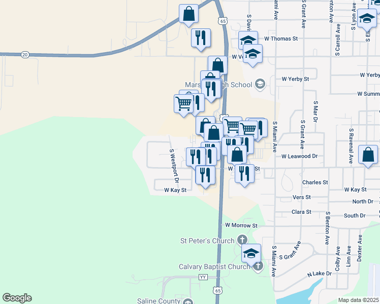 map of restaurants, bars, coffee shops, grocery stores, and more near 1495 South Apache Drive in Marshall