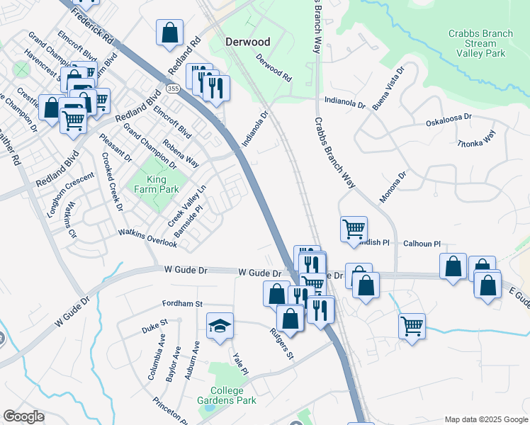 map of restaurants, bars, coffee shops, grocery stores, and more near 16096 Frederick Road in Rockville