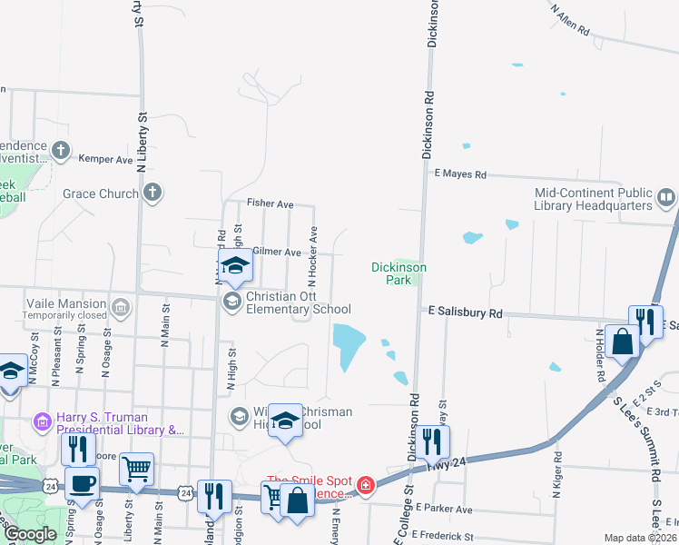 map of restaurants, bars, coffee shops, grocery stores, and more near 1621 North Emery Street in Independence
