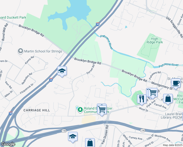 map of restaurants, bars, coffee shops, grocery stores, and more near 16053 Dorset Road in Laurel