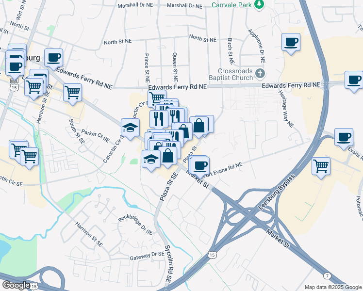 map of restaurants, bars, coffee shops, grocery stores, and more near 536 East Market Street in Leesburg