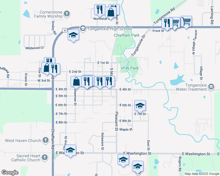 map of restaurants, bars, coffee shops, grocery stores, and more near 635 East 4th Street in Tonganoxie