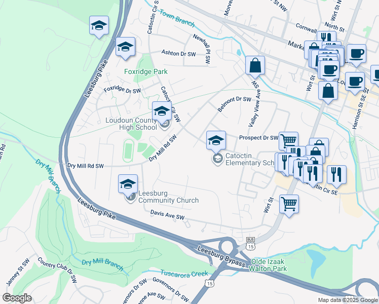 map of restaurants, bars, coffee shops, grocery stores, and more near 407 Belmont Drive Southwest in Leesburg