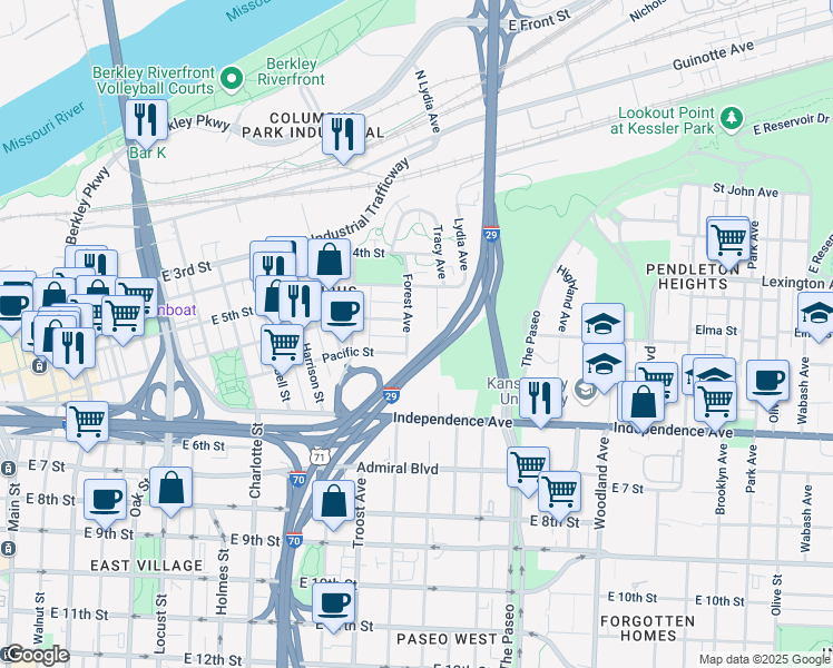 map of restaurants, bars, coffee shops, grocery stores, and more near 541 Forest Avenue in Kansas City