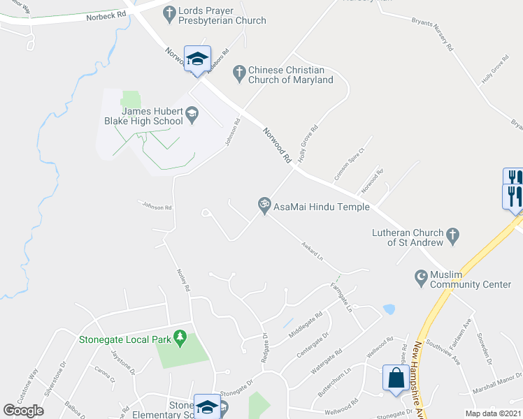 map of restaurants, bars, coffee shops, grocery stores, and more near 299 Awkard Lane in Colesville