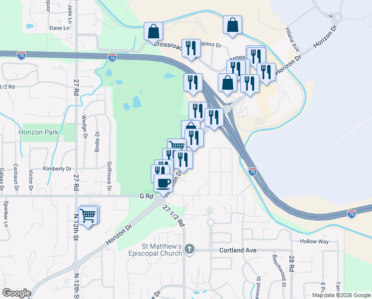 map of restaurants, bars, coffee shops, grocery stores, and more near 721 Horizon Dr in Grand Junction