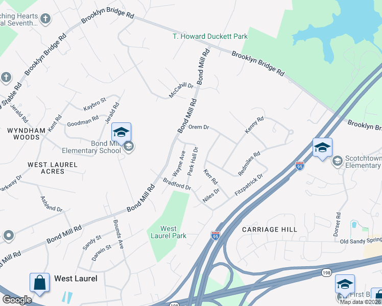 map of restaurants, bars, coffee shops, grocery stores, and more near 6650 Park Hall Drive in Laurel