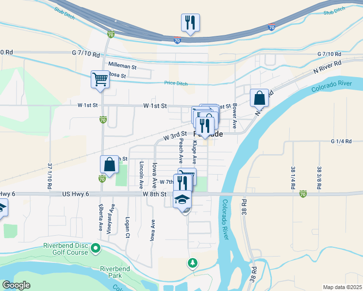 map of restaurants, bars, coffee shops, grocery stores, and more near Peach Avenue in Palisade