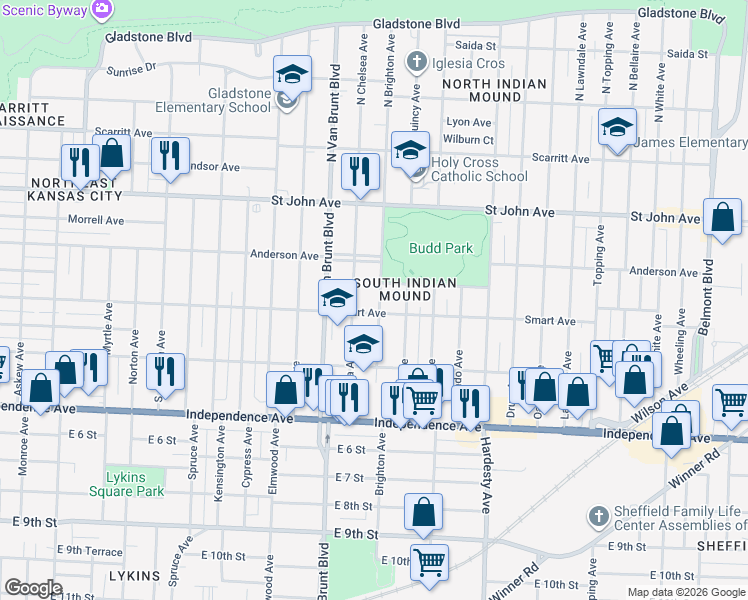 map of restaurants, bars, coffee shops, grocery stores, and more near 336 Brighton Avenue in Kansas City