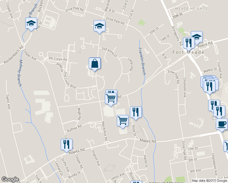 map of restaurants, bars, coffee shops, grocery stores, and more near 2902 2nd Army Drive in Fort Meade