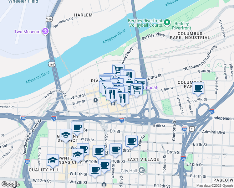 map of restaurants, bars, coffee shops, grocery stores, and more near 400 Grand Boulevard in Kansas City