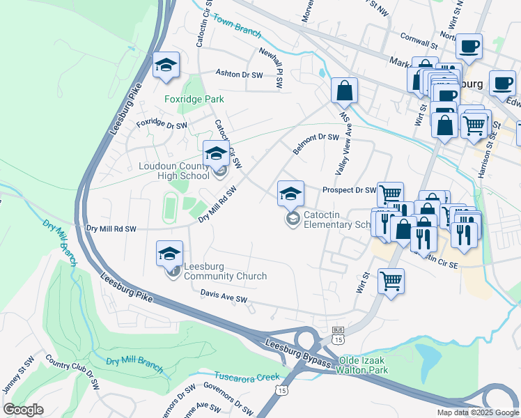 map of restaurants, bars, coffee shops, grocery stores, and more near 406 Belmont Drive Southwest in Leesburg