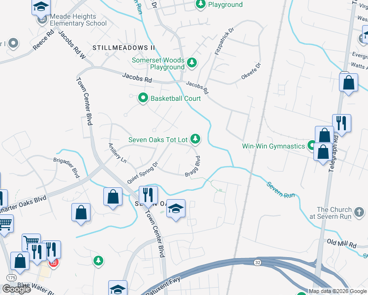 map of restaurants, bars, coffee shops, grocery stores, and more near 109 Bragg Boulevard in Odenton