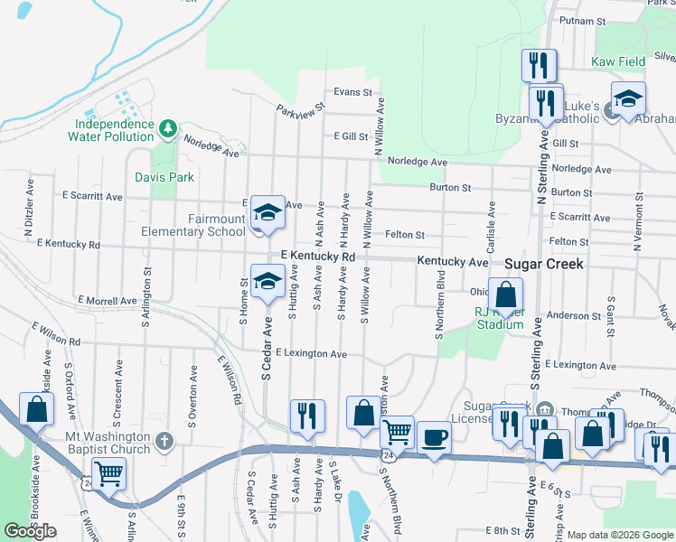 map of restaurants, bars, coffee shops, grocery stores, and more near 107 South Ash Avenue in Independence