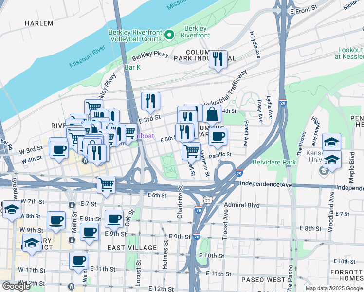 map of restaurants, bars, coffee shops, grocery stores, and more near 518 Campbell St in Kansas City