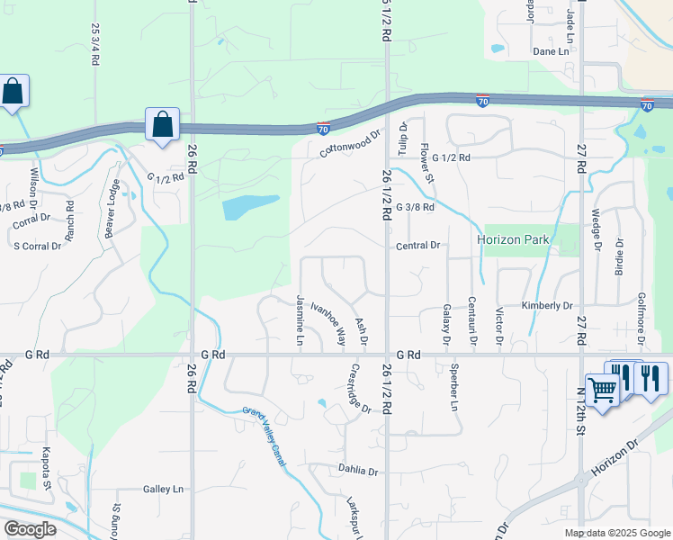 map of restaurants, bars, coffee shops, grocery stores, and more near 721 Hickory Court in Grand Junction