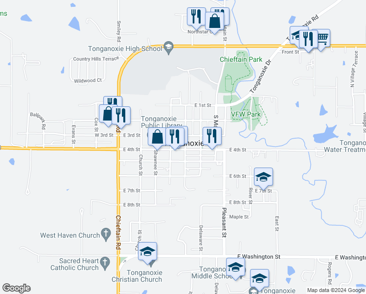 map of restaurants, bars, coffee shops, grocery stores, and more near 427 East 4th Street in Tonganoxie