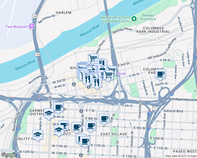 map of restaurants, bars, coffee shops, grocery stores, and more near 104 East 5th Street in Kansas City
