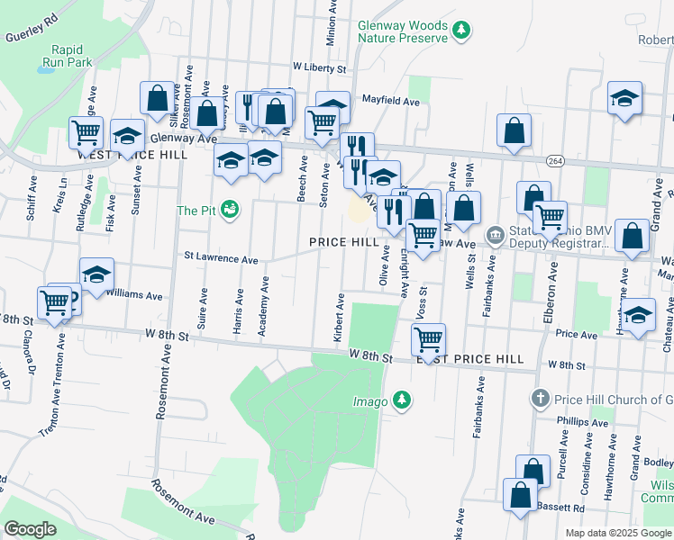 map of restaurants, bars, coffee shops, grocery stores, and more near 963 Kirbert Avenue in Cincinnati