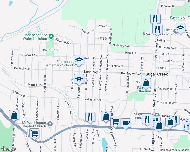 map of restaurants, bars, coffee shops, grocery stores, and more near 107 South Ash Avenue in Independence