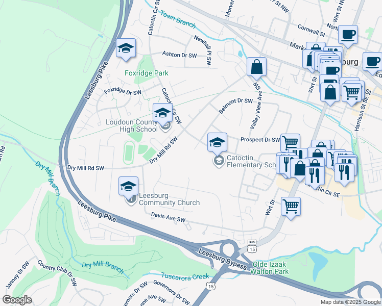 map of restaurants, bars, coffee shops, grocery stores, and more near 407 Belmont Drive Southwest in Leesburg