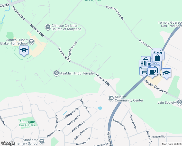 map of restaurants, bars, coffee shops, grocery stores, and more near 114 Norwood Road in Silver Spring