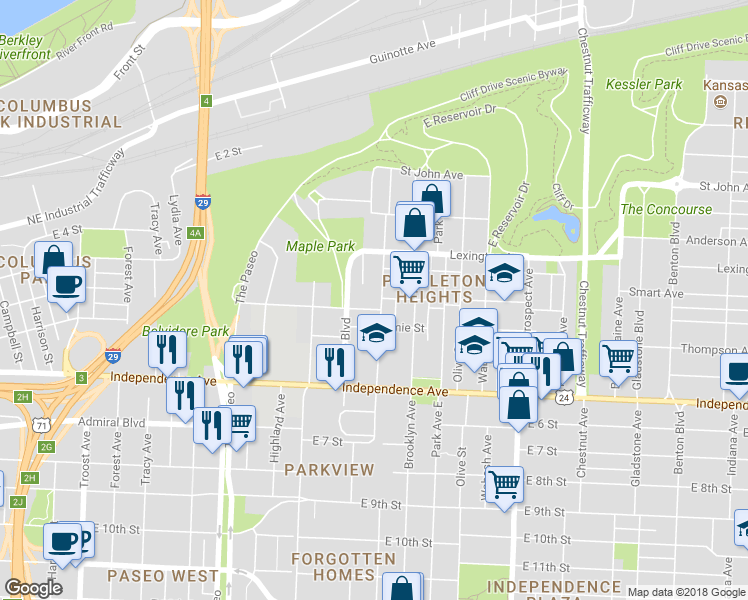 map of restaurants, bars, coffee shops, grocery stores, and more near 344 Garfield Avenue in Kansas City