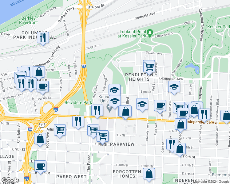 map of restaurants, bars, coffee shops, grocery stores, and more near 1734 East Missouri Avenue in Kansas City